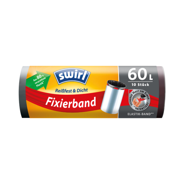 Swirl Fixierband-Müllbeutel Reißfest & Dicht 60 Liter, mit Elastikband, grau/blickdicht, aus 80 % recyceltem Plastik, 10 Stück